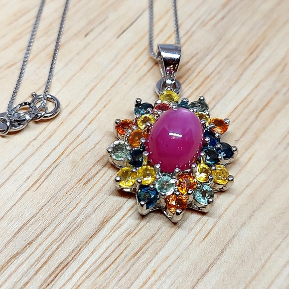 Natural Heated Ruby 10x8mm & Sapphire 925 Sterling Silver Necklace 18" - Picture 7 of 7